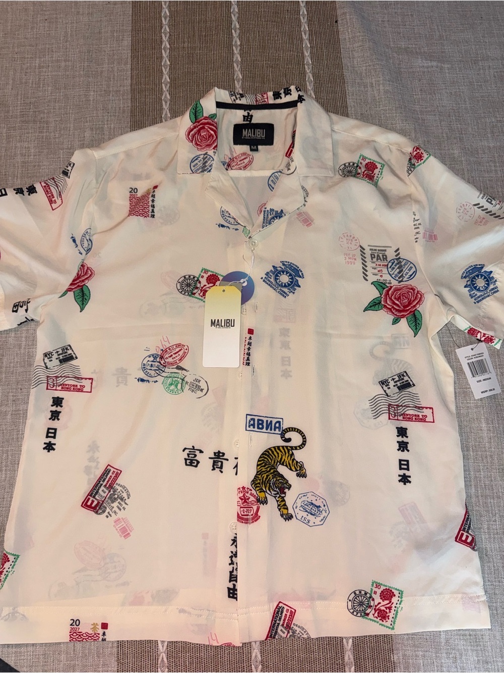 Malibu Cream Short-Sleeve Button-Down Shirt with Floral & Travel Prints